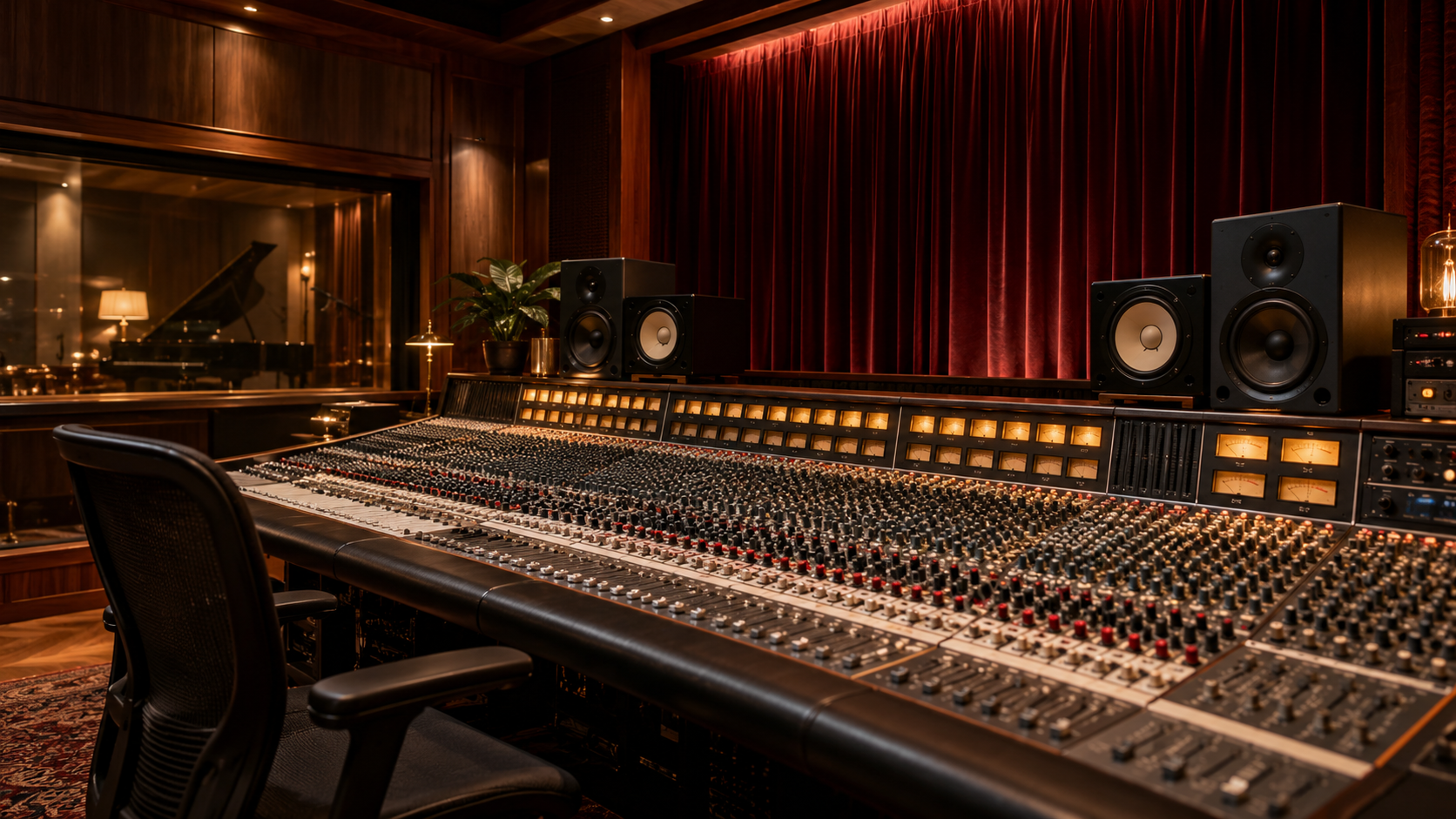 Professional recording studio with red curtains