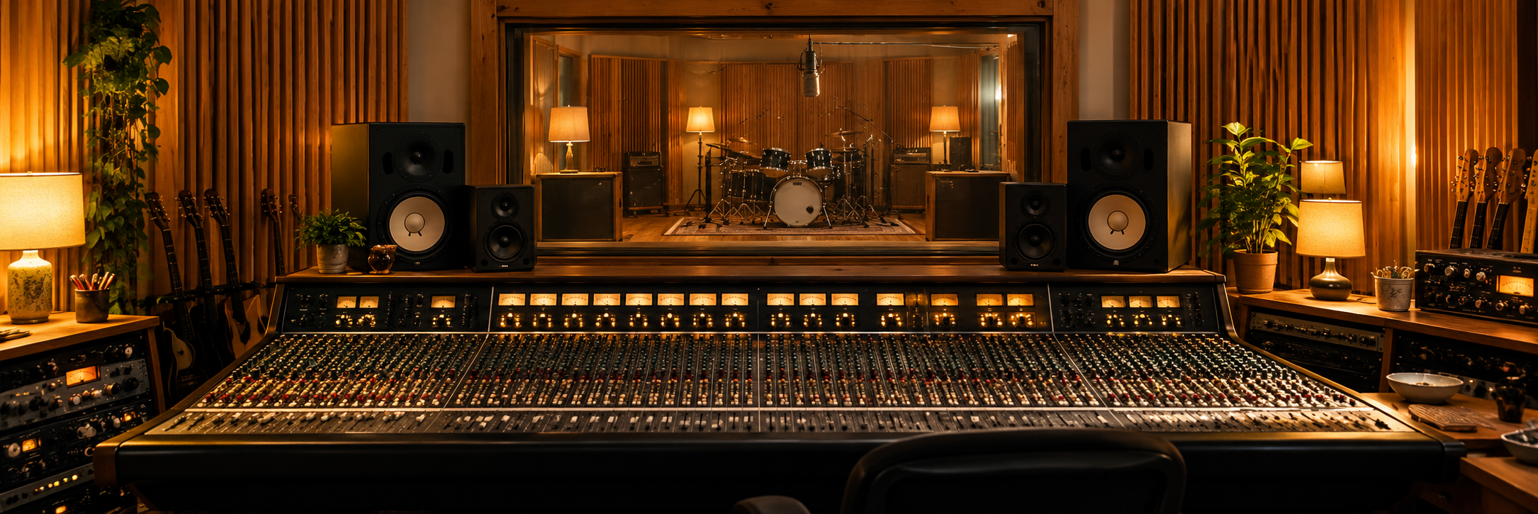 Warm wooden recording studio with an analog mixing console