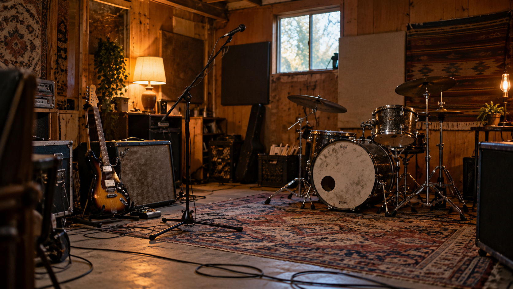 Guitars and drums in a cozy rehearsal room